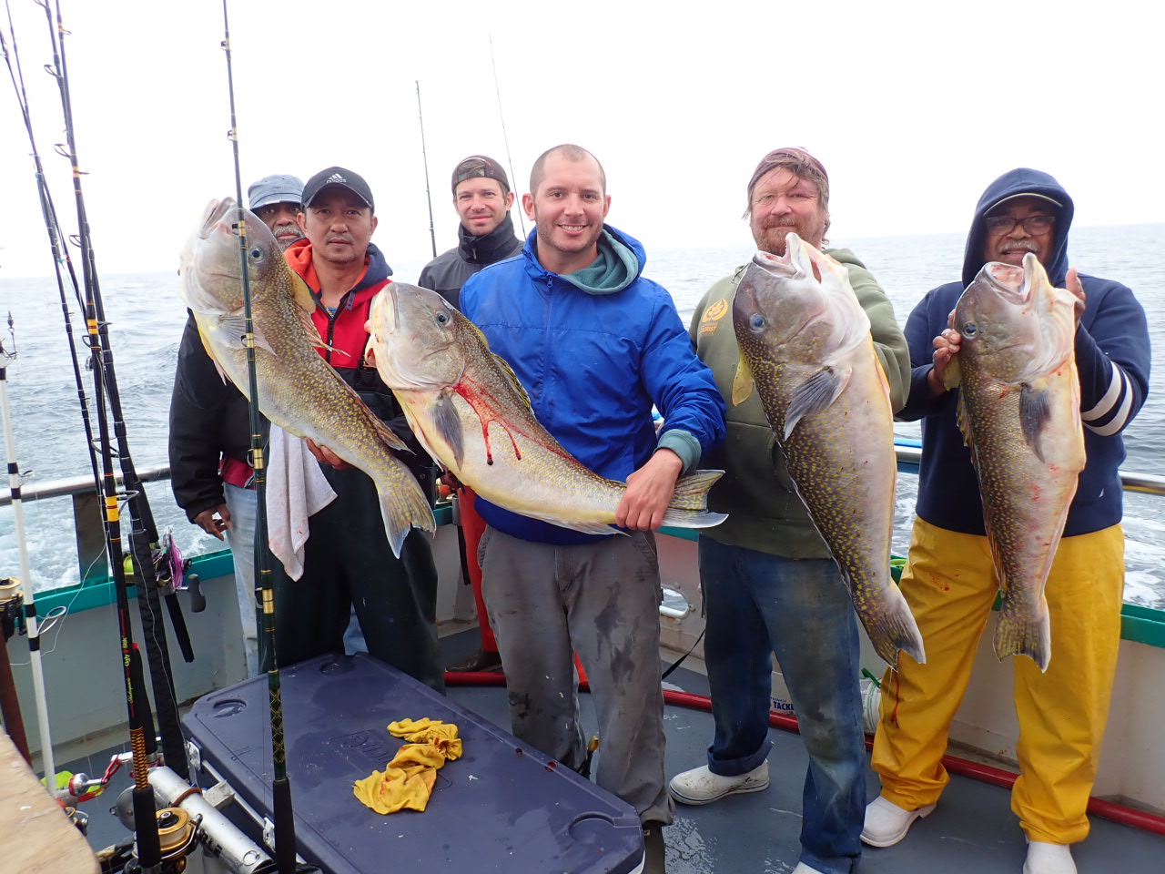 a group of people holding a fish