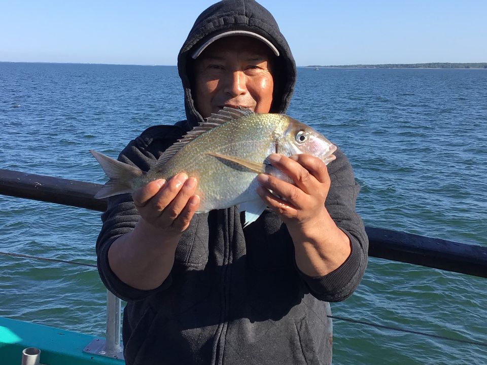 a person holding a fish on a boat in a body of water