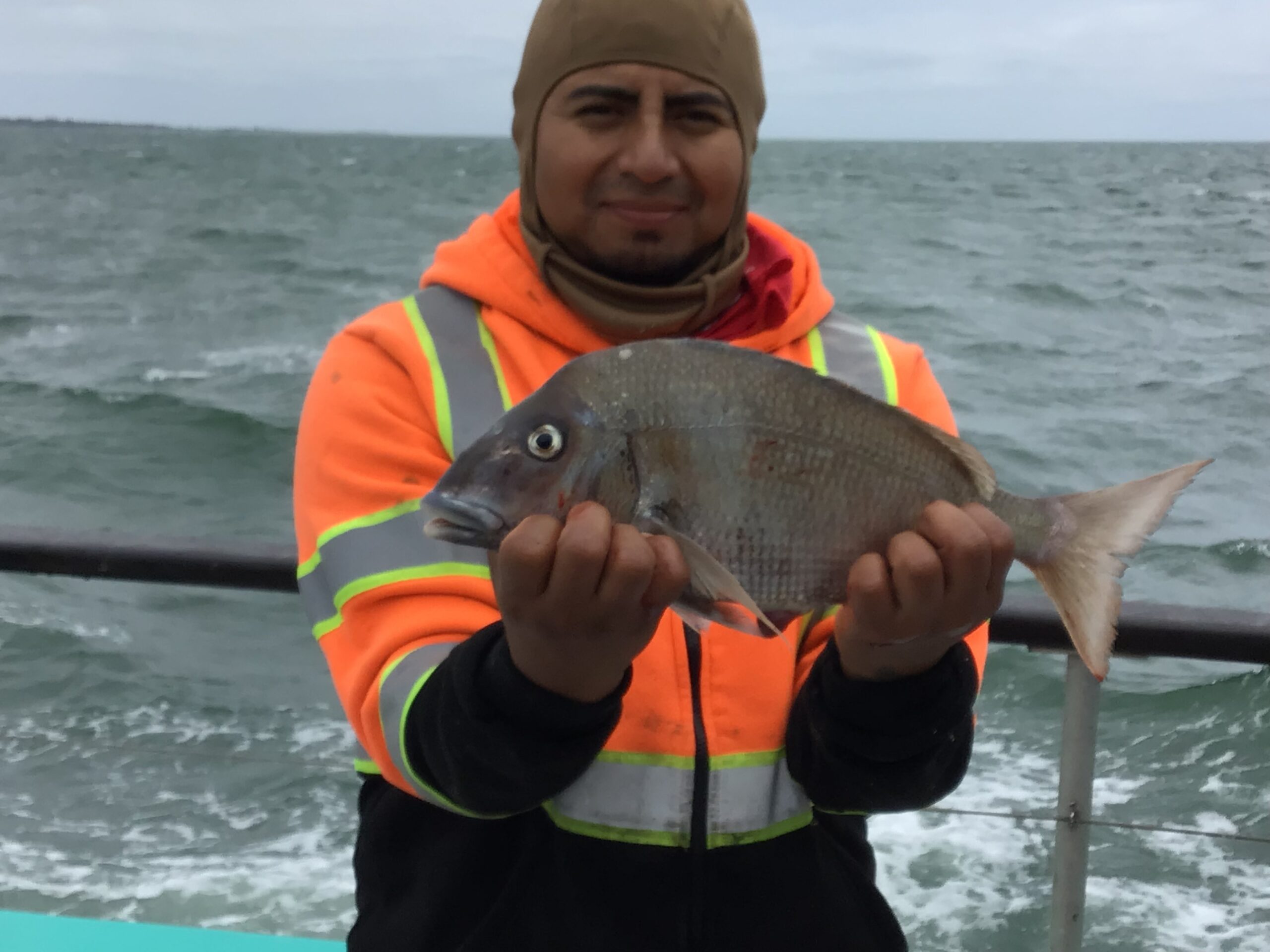 a man holding a fish swimming in a body of water