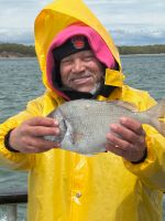a person holding a fish in the water