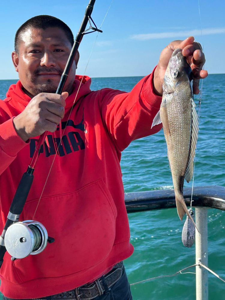 Hiroki Yuhara holding a fish in the water