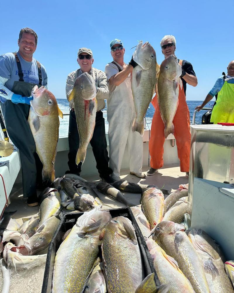 a group of people standing in front of a fish