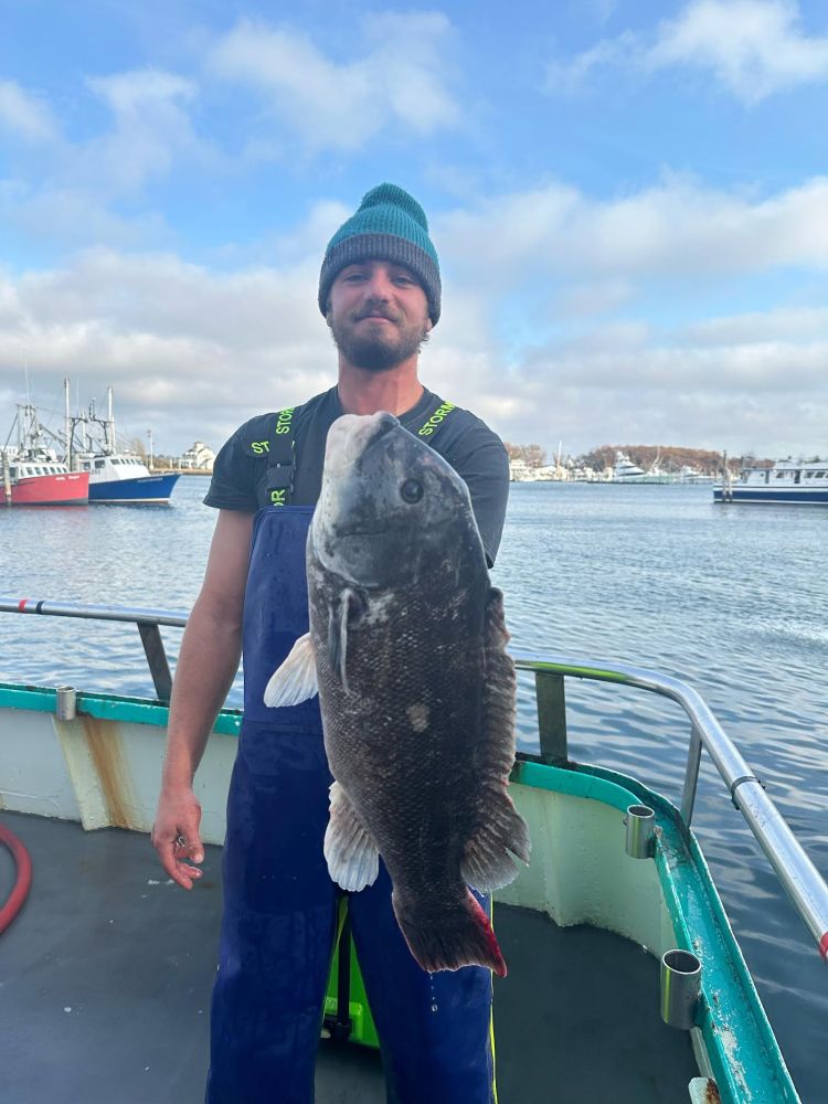 a person holding a fish in front of a body of water