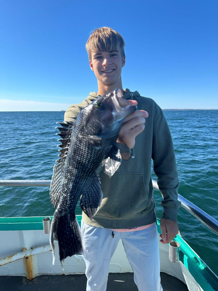 Person holding a large fish on a boat with a clear blue sky and ocean in the background.