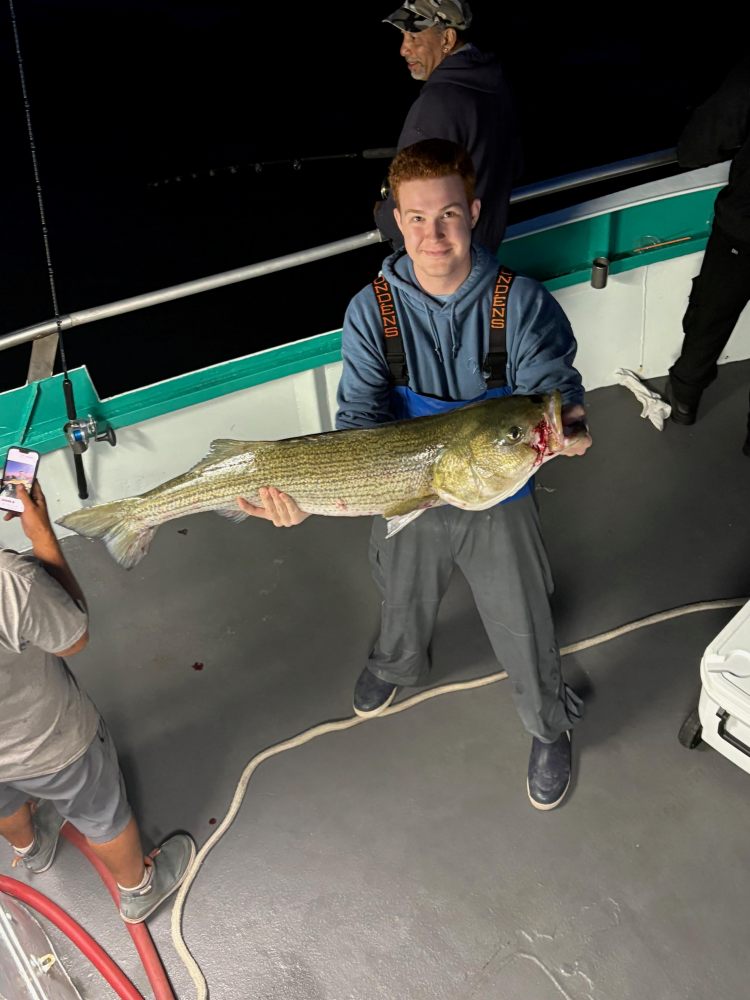 Person on a boat holding a large fish at night.