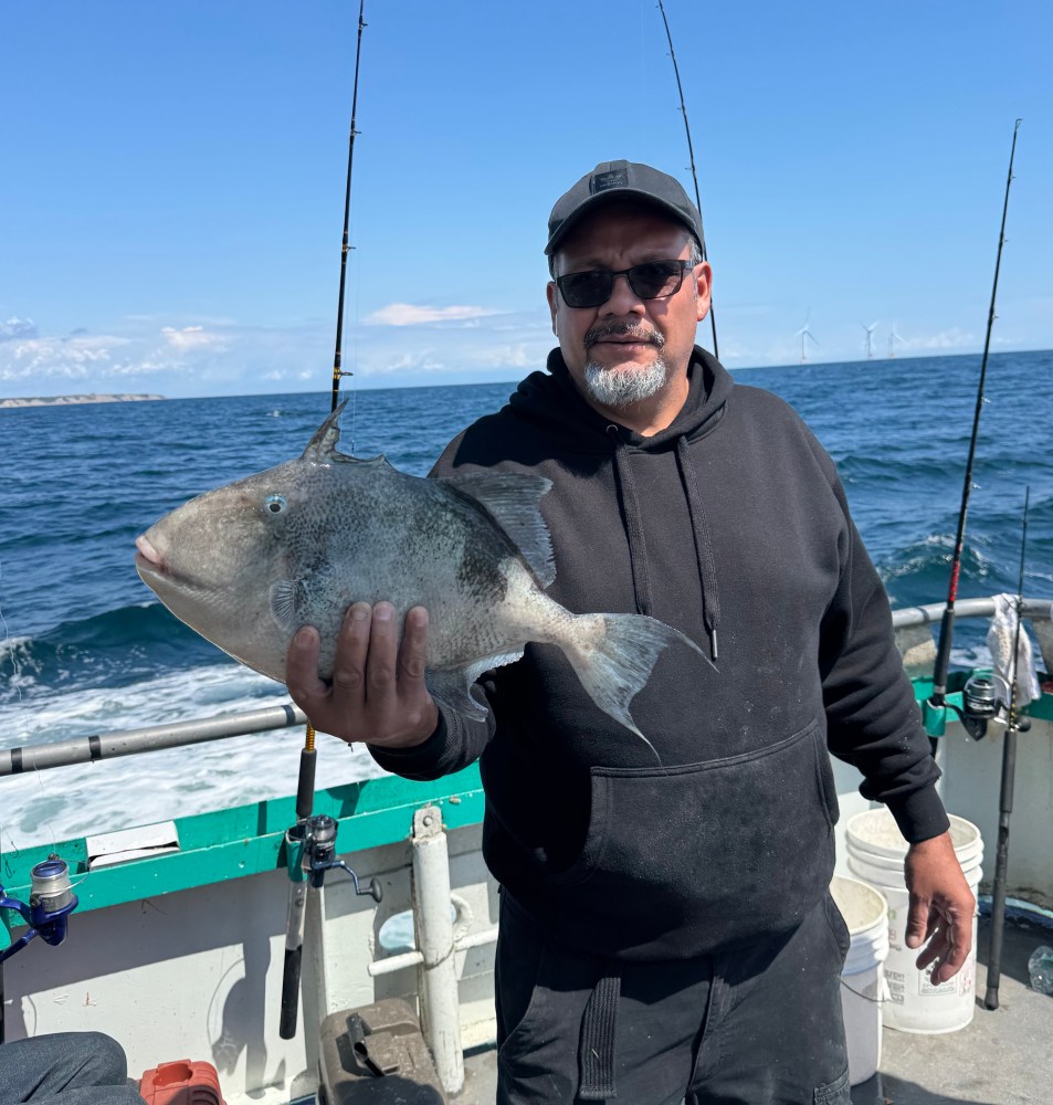 Man in a hoodie on a boat holding a large fish, with fishing rods and ocean in the background.