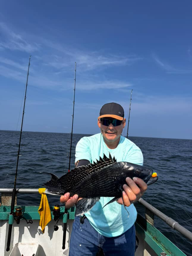 Person on a boat holding a black fish, with fishing rods in the background under a clear blue sky.
