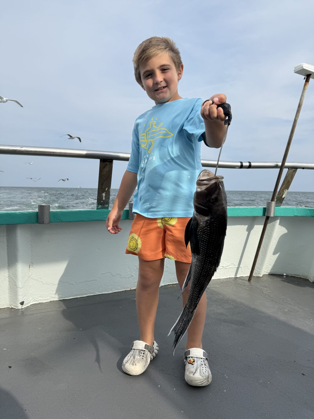 Child on a boat holding a fish, with seagulls flying in the background.