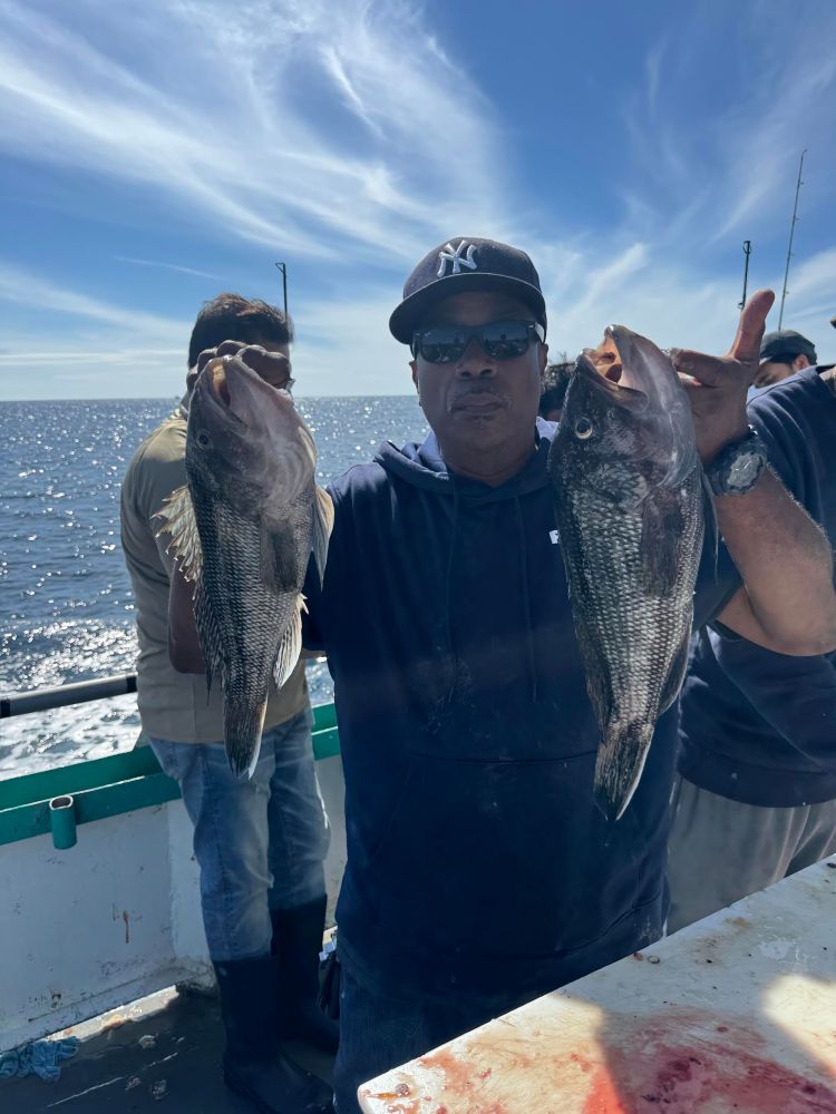 Person on a boat holding two fish, with blue sky and ocean in the background.
