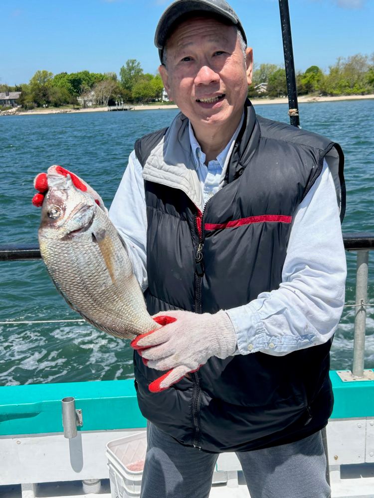 Person holding a fish on a boat with water and trees in the background.