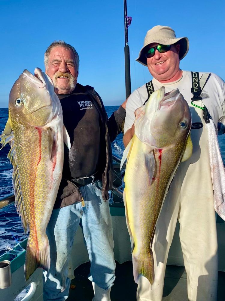 Two men on a boat holding large fish, smiling against a clear blue sky and sea background.