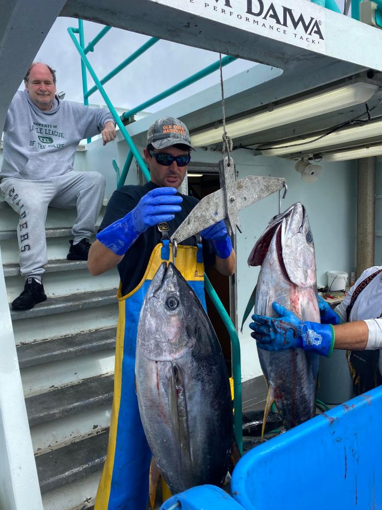 Two men on a boat weighing large fish, one man in blue gloves, another sitting on stairs.
