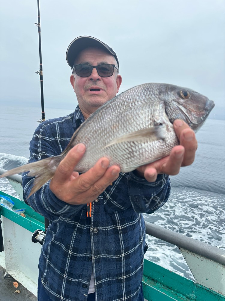 Man holding a fish on a boat, with a fishing rod in the background.
