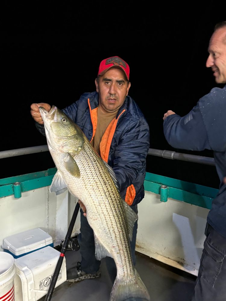 Man holding a large fish on a boat at night.