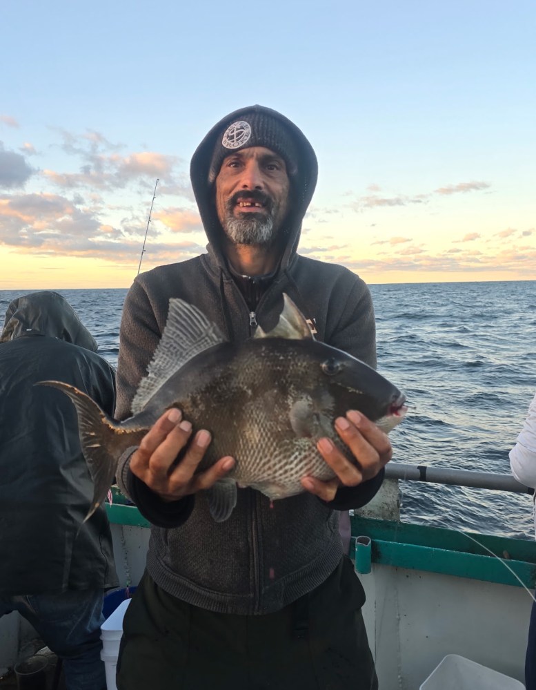 Person in hoodie holding a fish on a boat at sea with sunset.