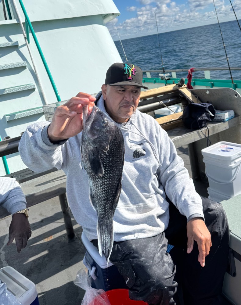 Person on a boat holding a fish, with ocean in the background.