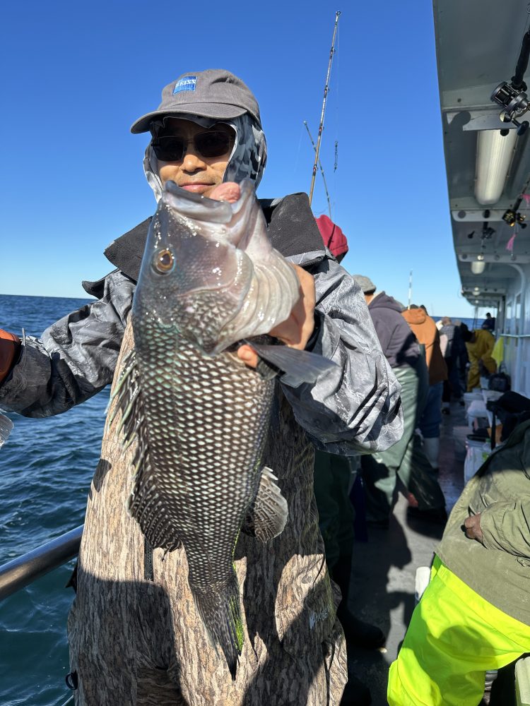 Person holding a large fish on a boat with clear blue sky.
