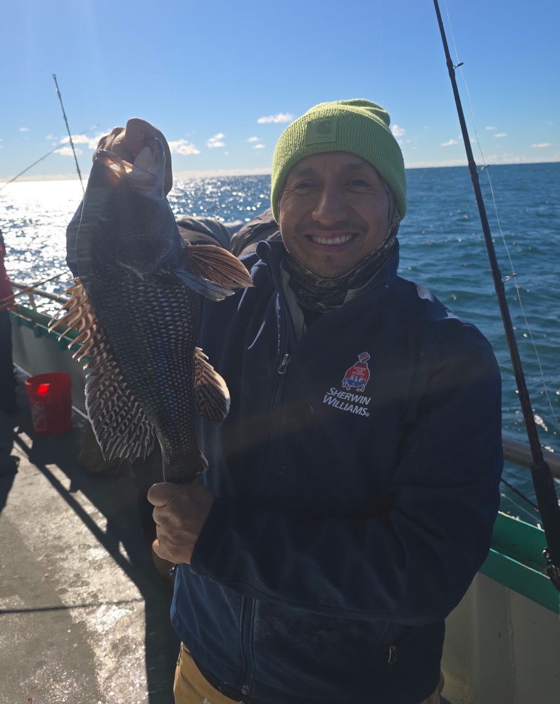 Person in a green beanie holding a fish on a boat with ocean in the background.