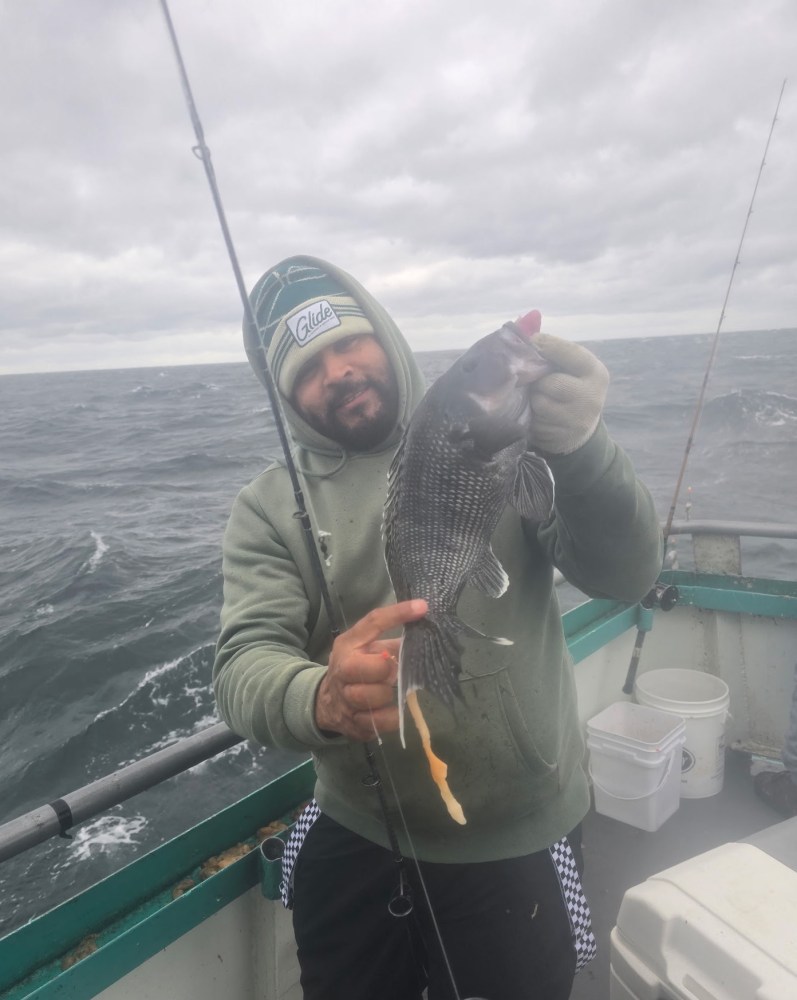 Person in a hooded jacket holding a fish on a boat with cloudy sky.