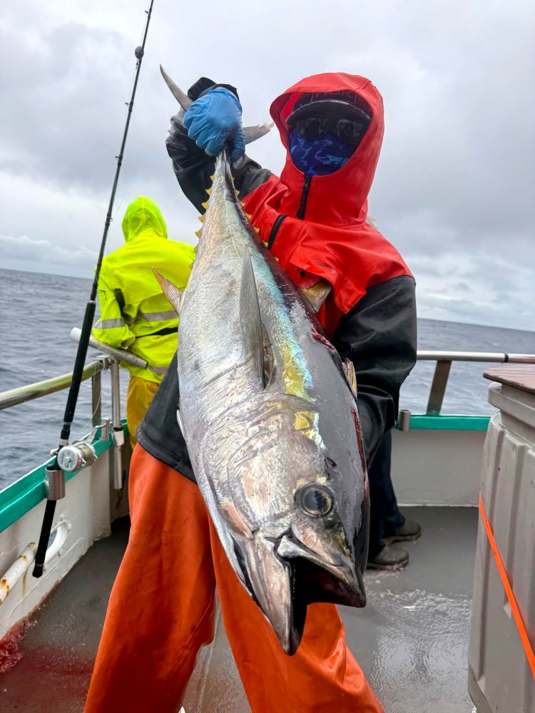 Person in red and black gear holding large fish on a boat under cloudy skies.