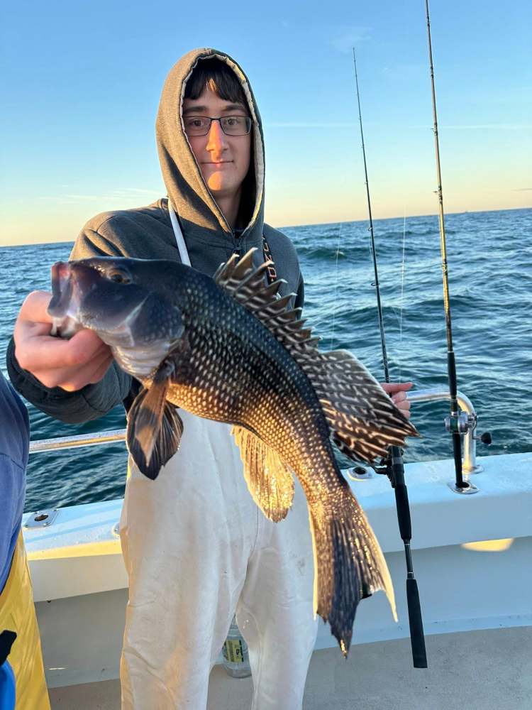 Person on a boat holding a fish with a fishing rod in the background.
