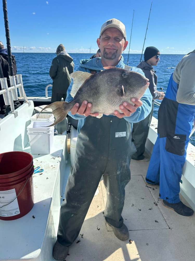 Fisherman holding a large fish on a boat with an ocean background under a clear blue sky.