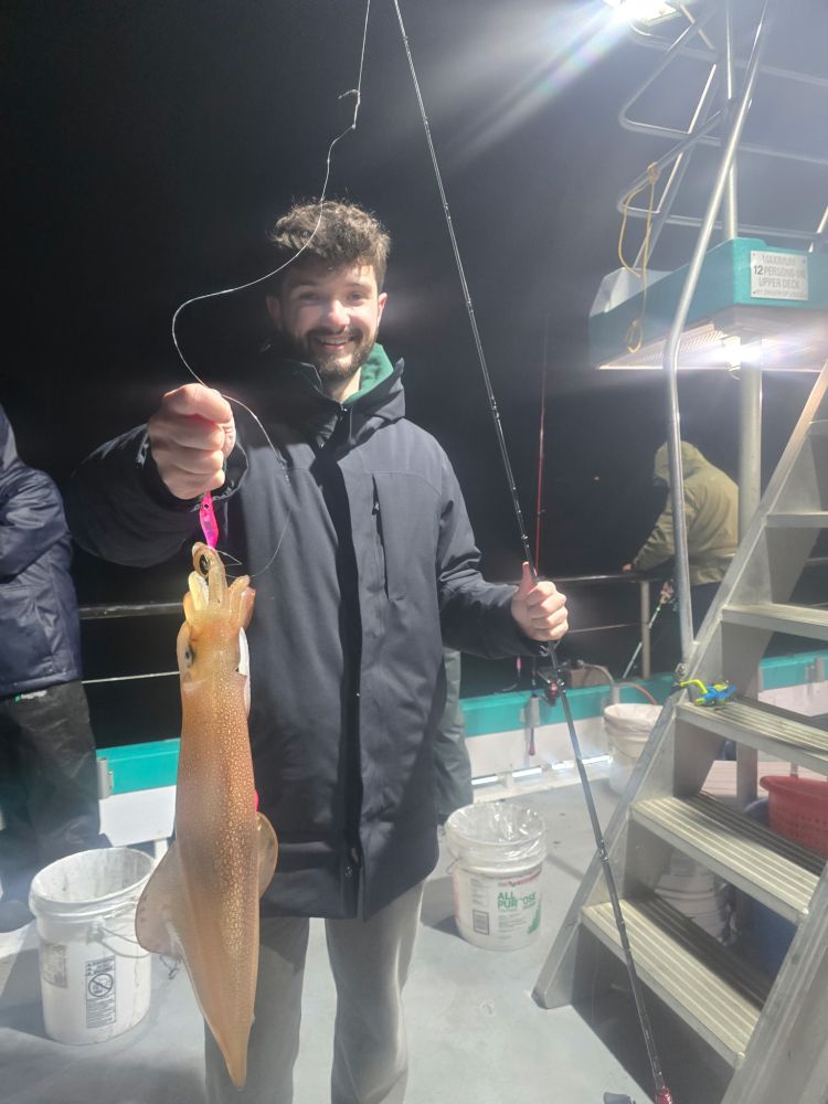 Person holding a fishing rod with a squid on a line, standing on a boat at night.