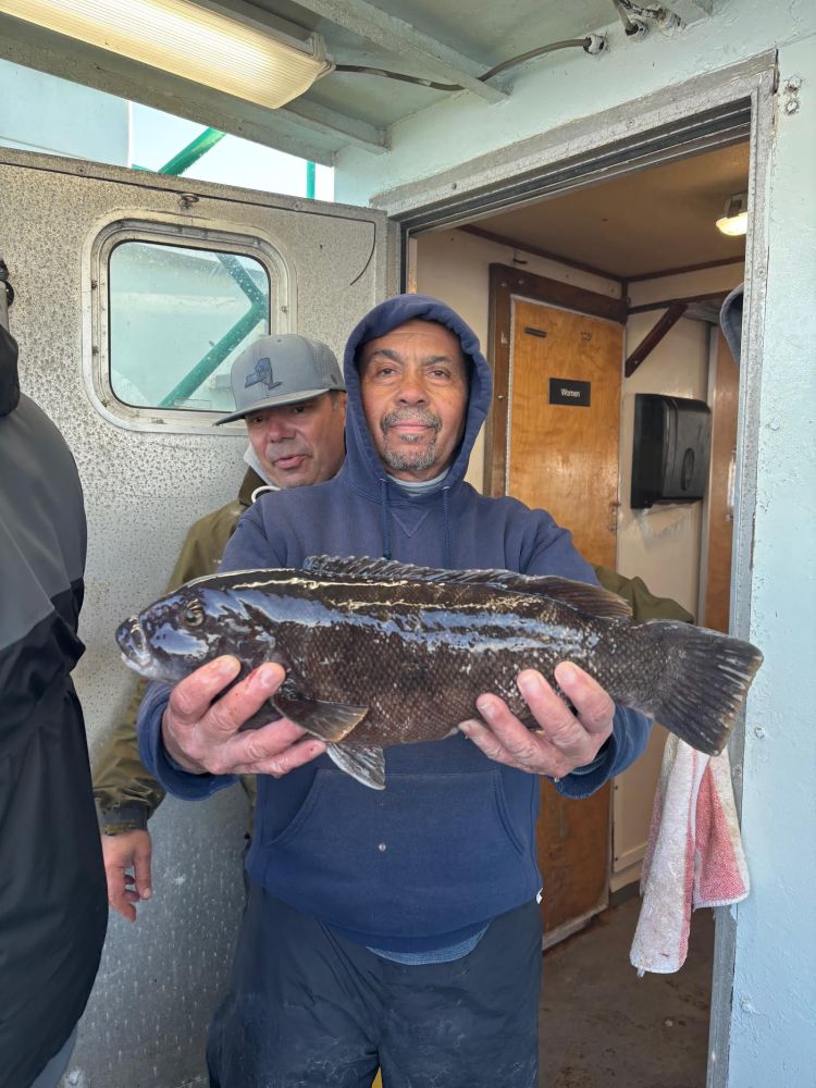Two men on a boat, one holding a large fish with both hands.
