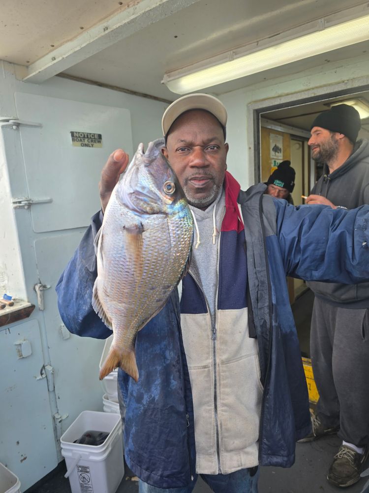 Person holding a fish on a boat with others in the background.