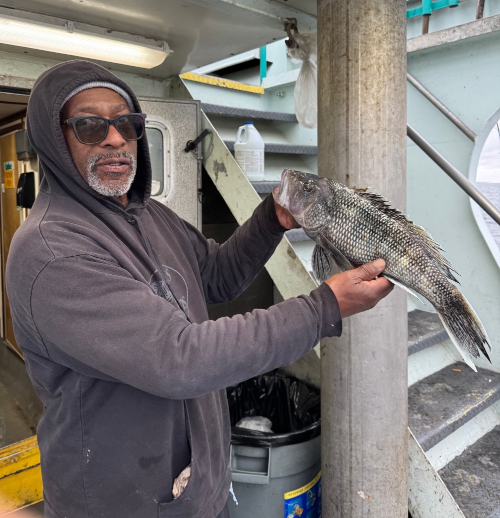 Person holding a fish on a boat near a staircase.