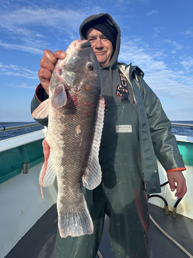 Person in fishing gear holding a large fish on a boat under a clear sky.