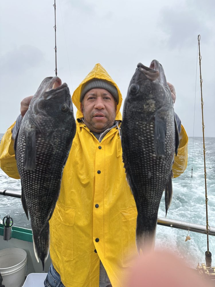 Person in yellow raincoat holding two large fish on a boat.