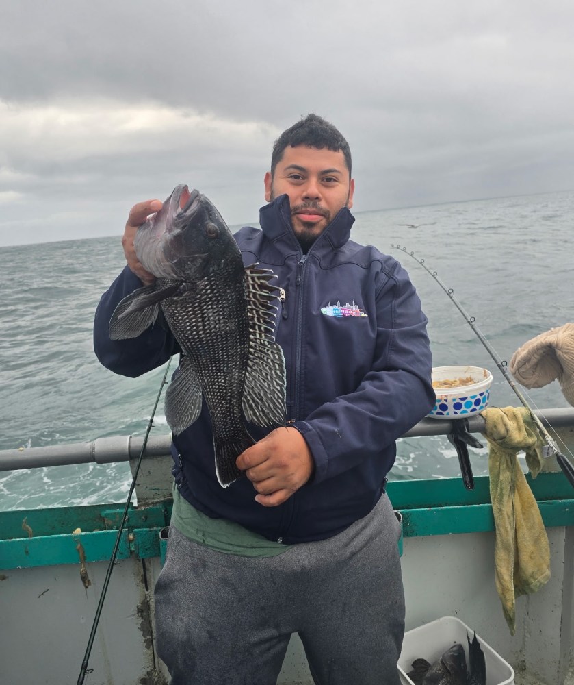 Person holding a large fish on a boat with cloudy sky in background.