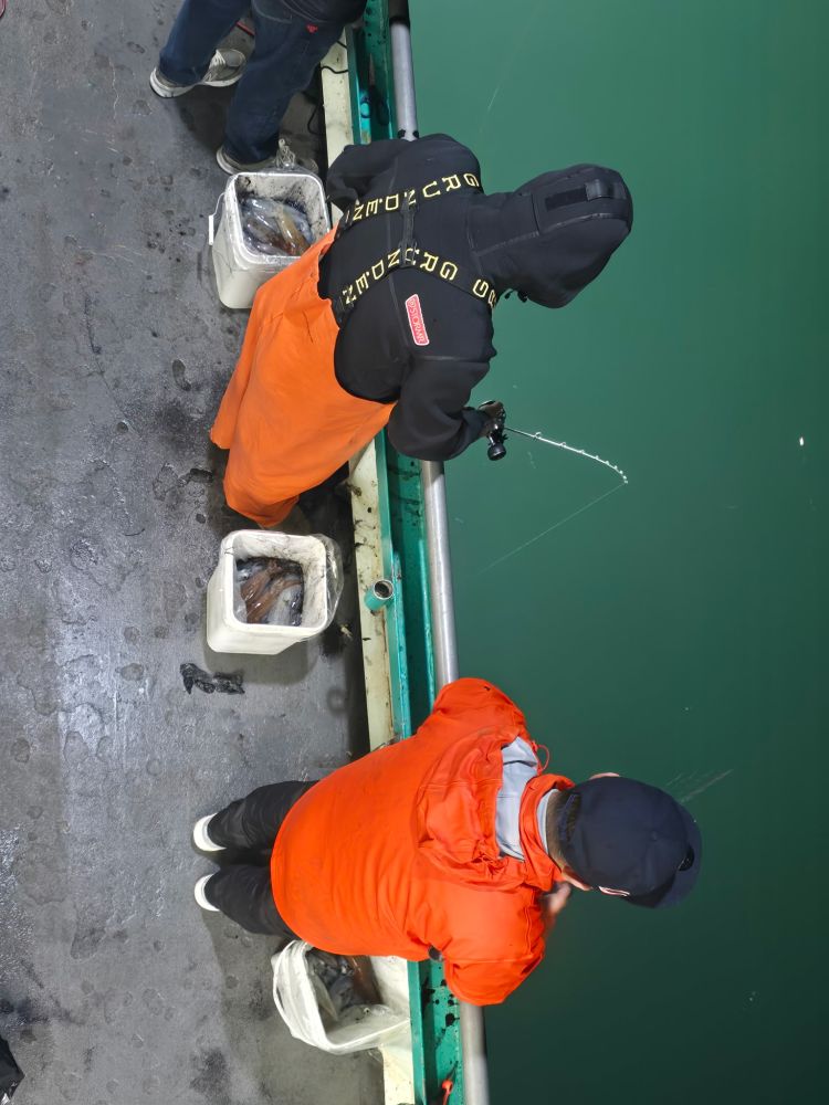 Two people on a boat fishing with buckets beside them, viewed from above.