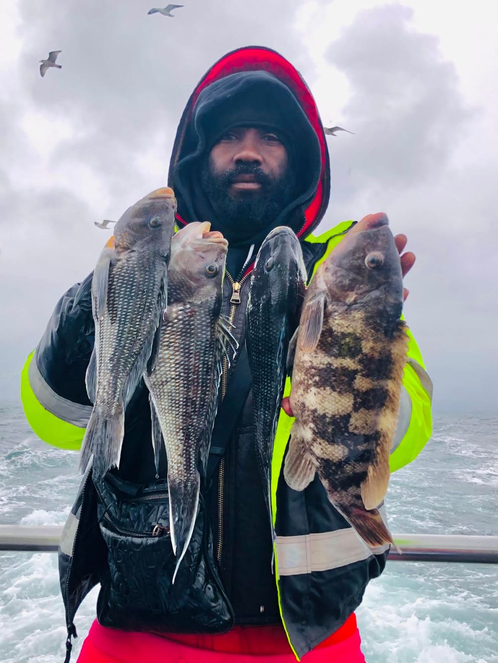 Person in a hooded coat holding four fish with seagulls in the cloudy sky.