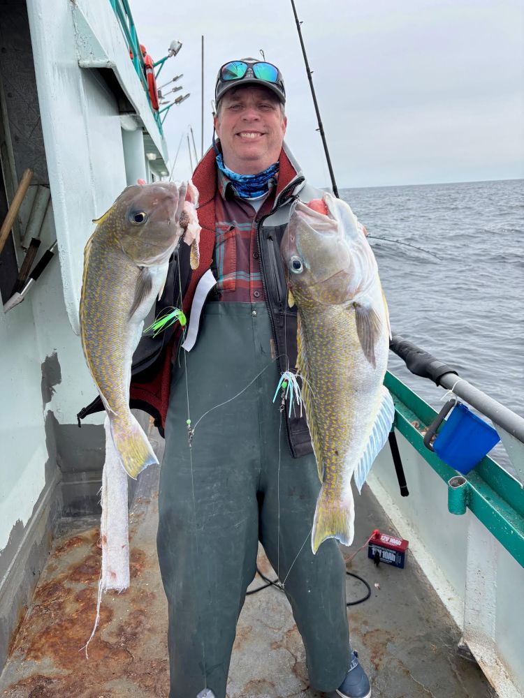 Person holding two large fish on a boat with fishing gear in the background.