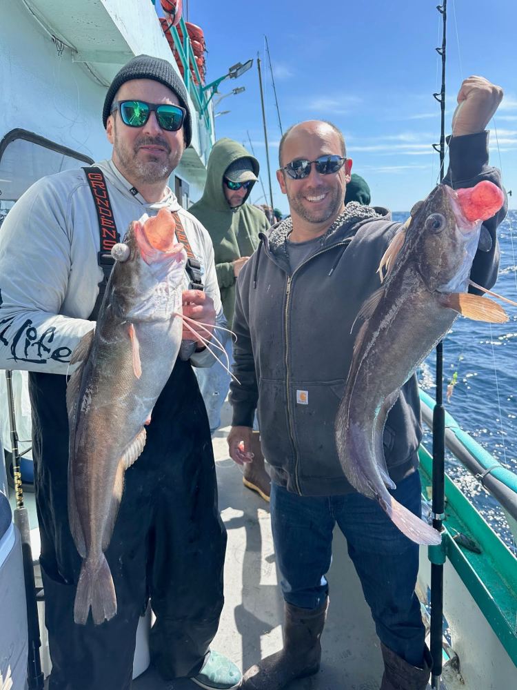 Two men on a boat holding large fish, ocean in the background.