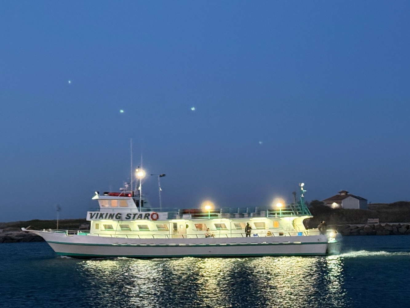 Vessel named Viking Star illuminated at dusk, sailing on calm water.