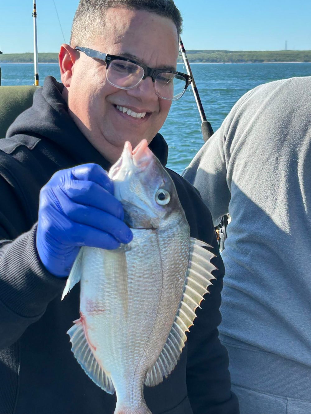 Person holding a fish with a blue glove on a boat.