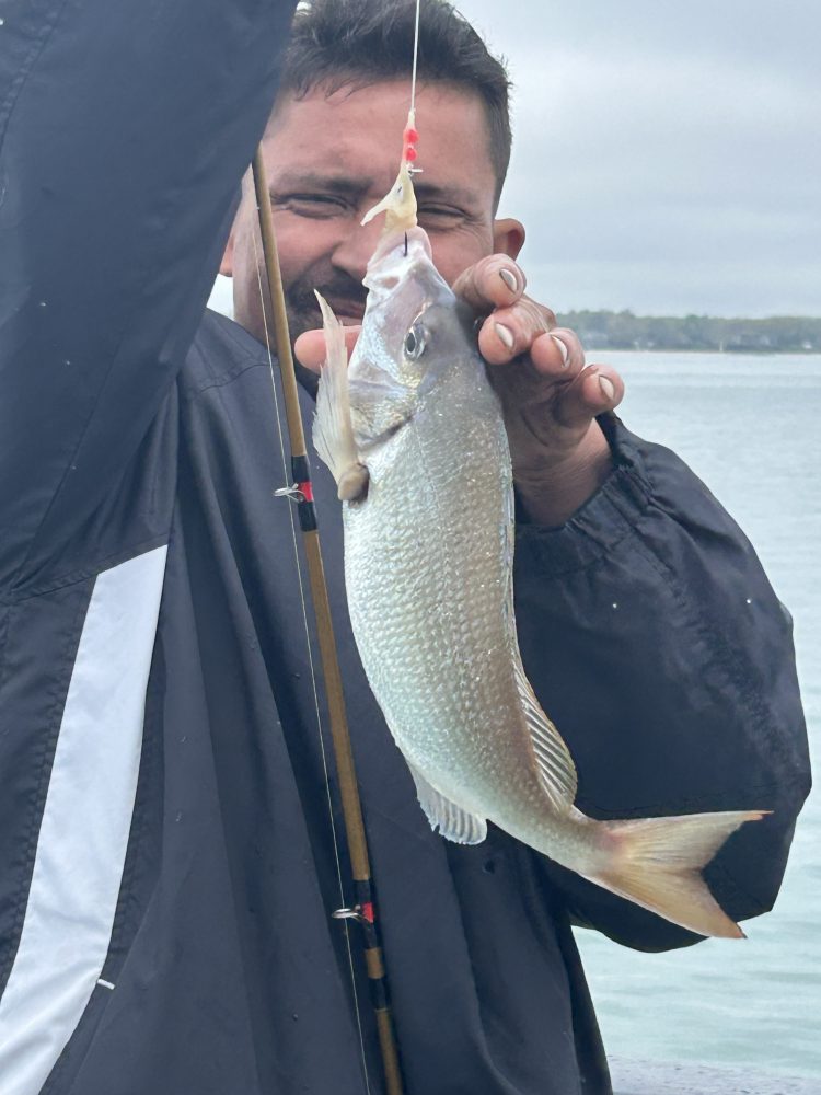 Person holding a caught fish on a fishing pole over water.