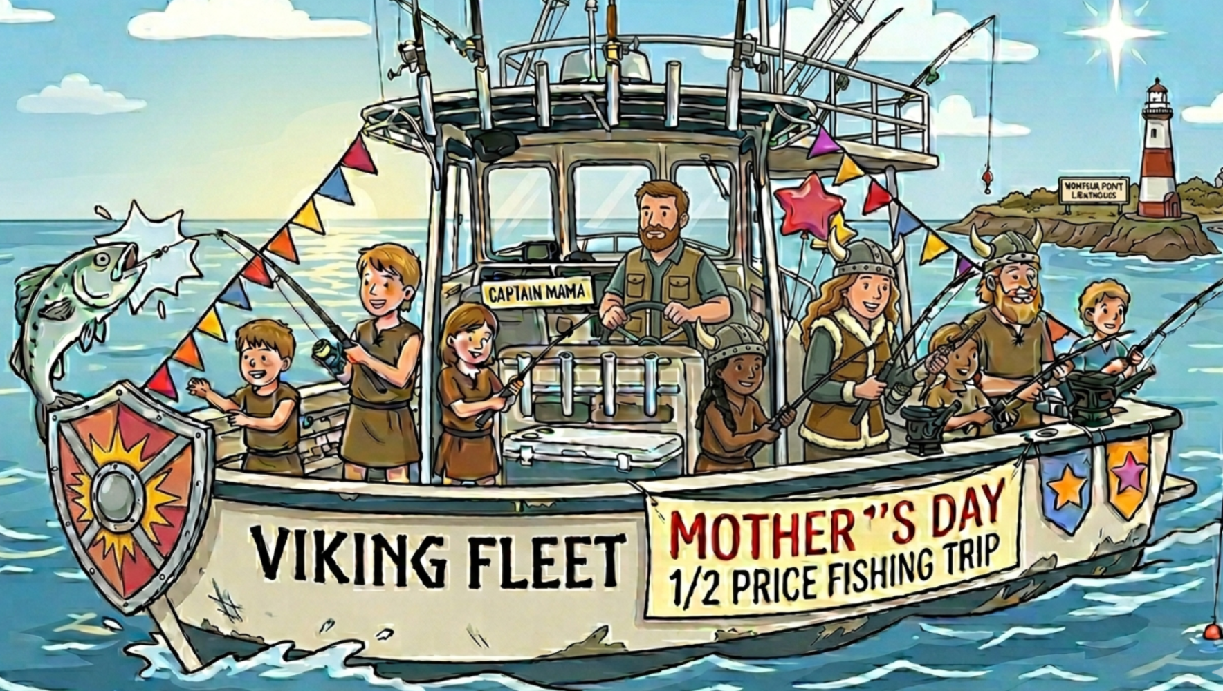 Cartoon family fishing on boat labeled 'Viking Fleet' for Mother's Day.