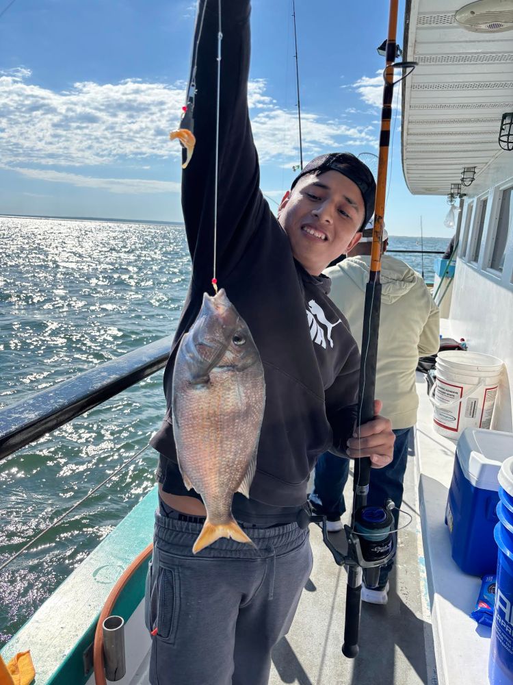 Person on boat holding a fishing rod with a fish