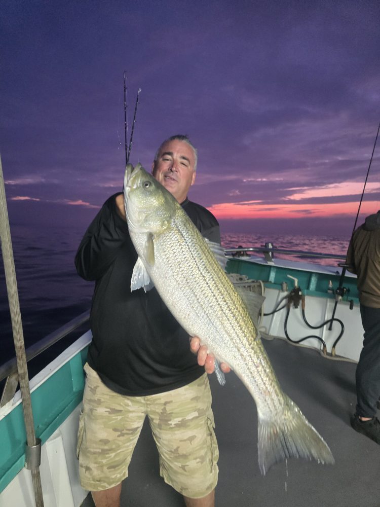 Man holding a large fish on a boat at sunset.