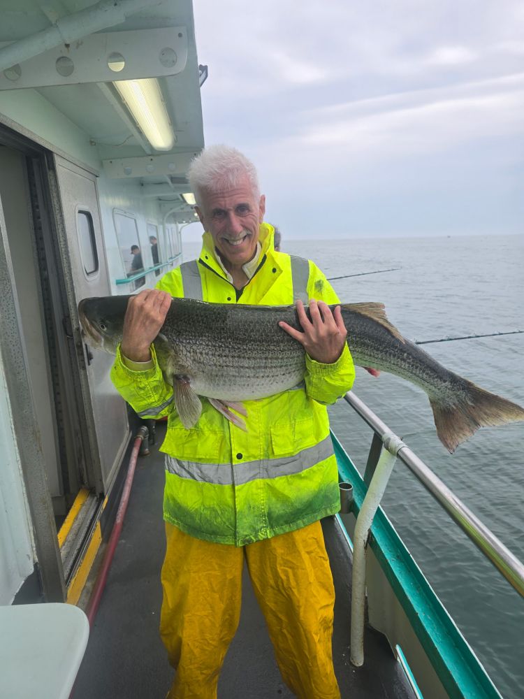 Person in yellow rain gear holding a large fish on a boat.