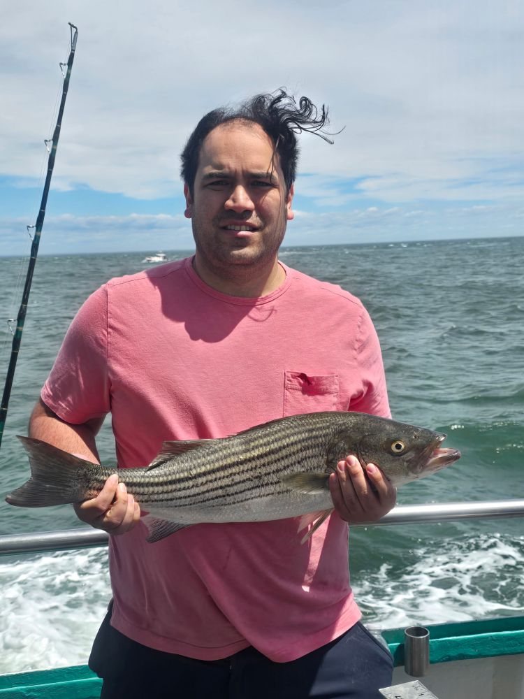 Person holding a large striped fish on a boat with ocean in background.