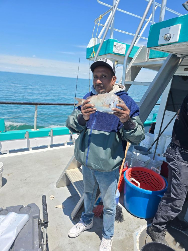 Person holding a fish on a boat with ocean in the background.