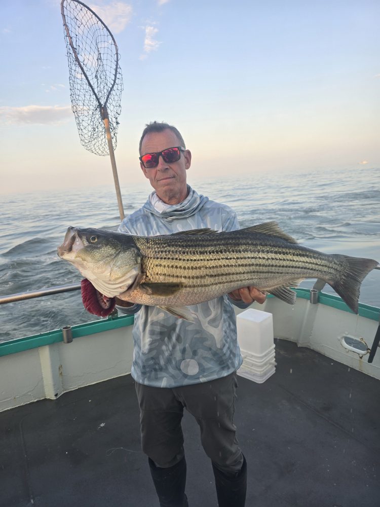 Person holding a large striped bass fish on a boat with ocean in the background.