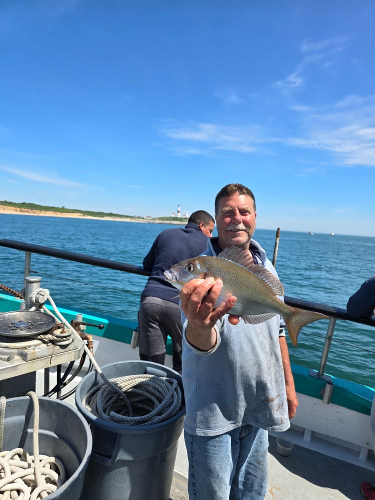 Man holding a fish on a boat with a scenic ocean view.