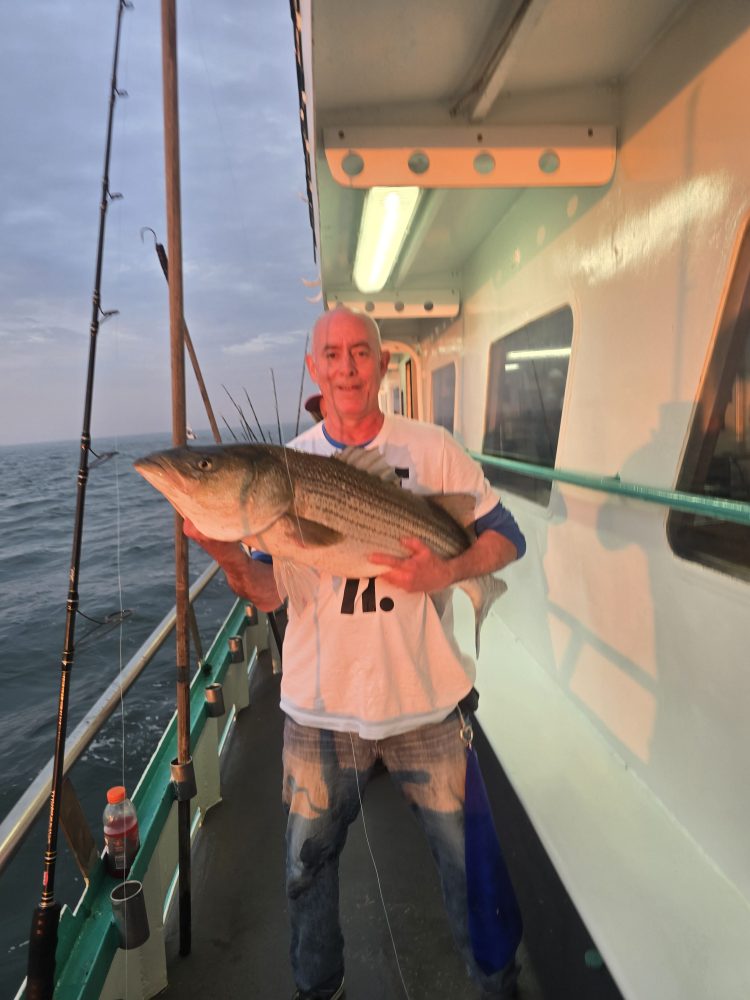 Person holding a large fish on a boat.