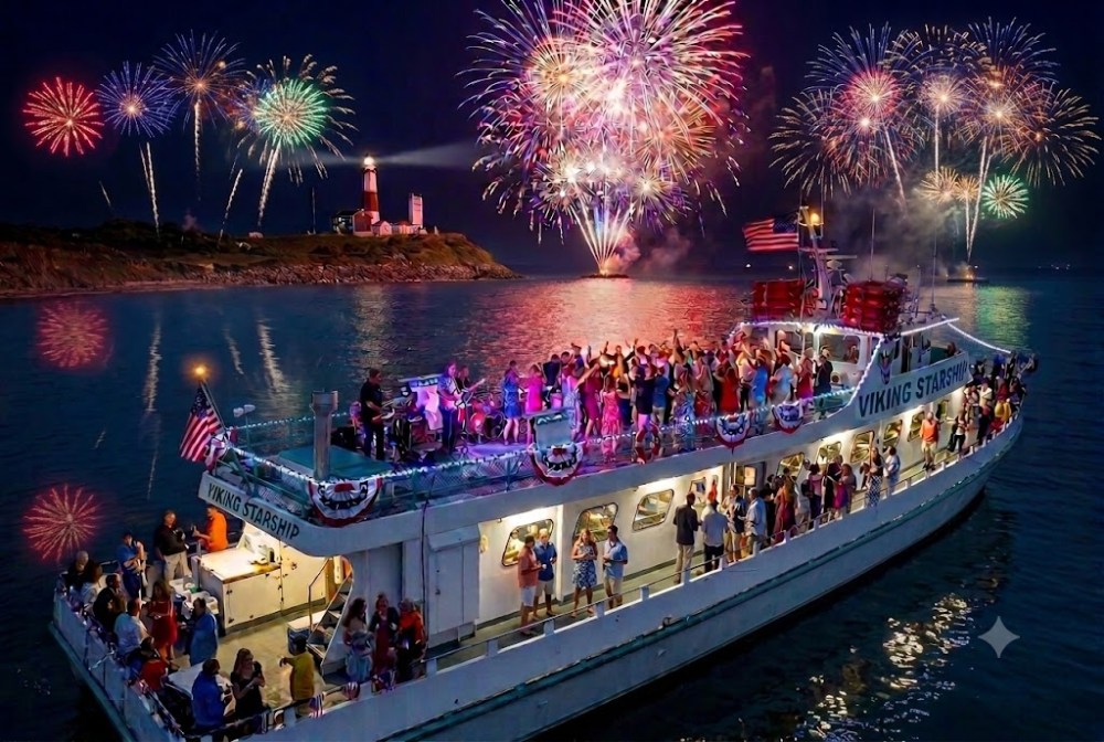 Boat with people watching fireworks above water at night.